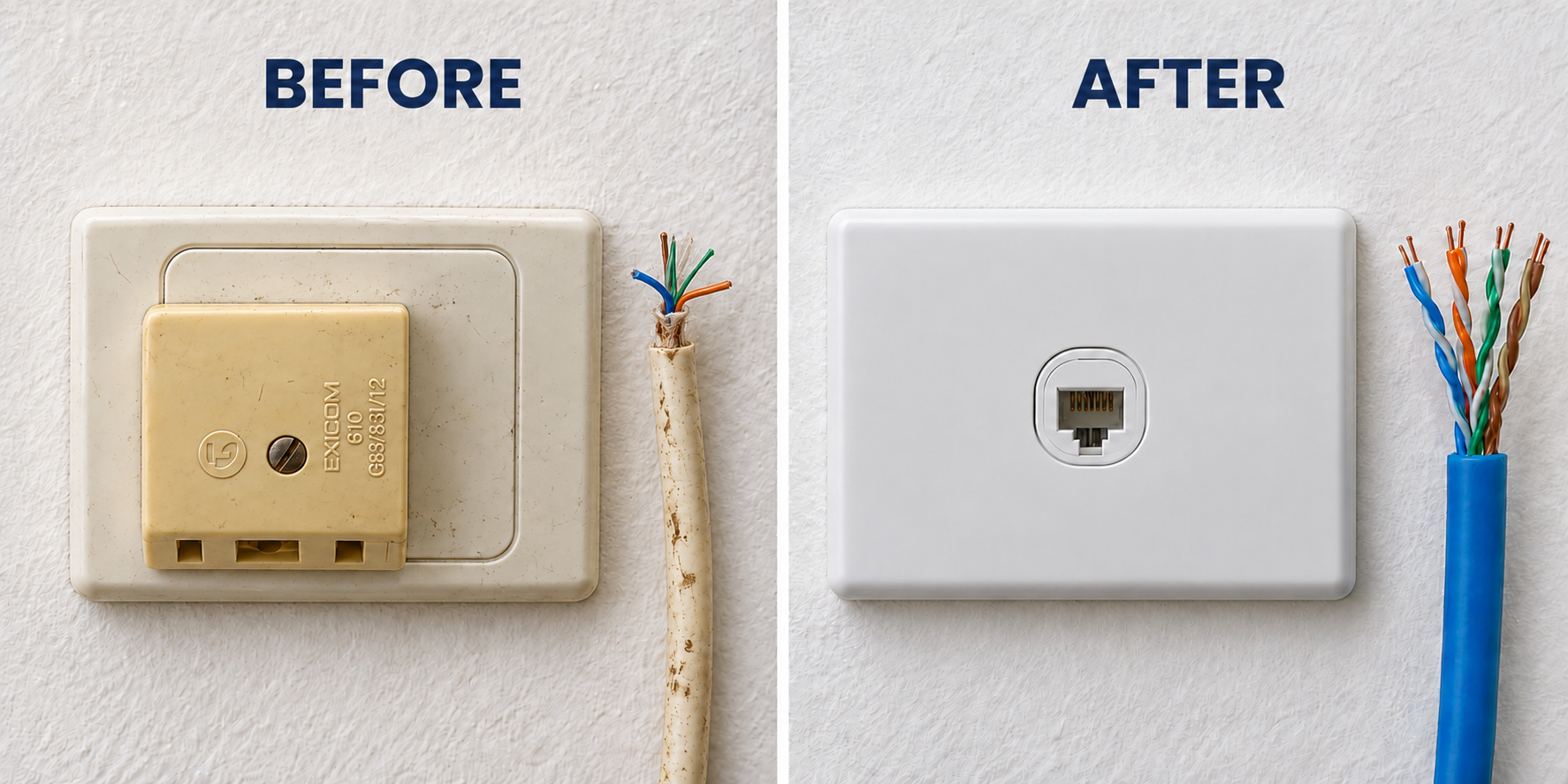 Before and after: old cream two-pair telephone cable and 610 socket upgraded to Cat 6 cabling and an RJ45 outlet