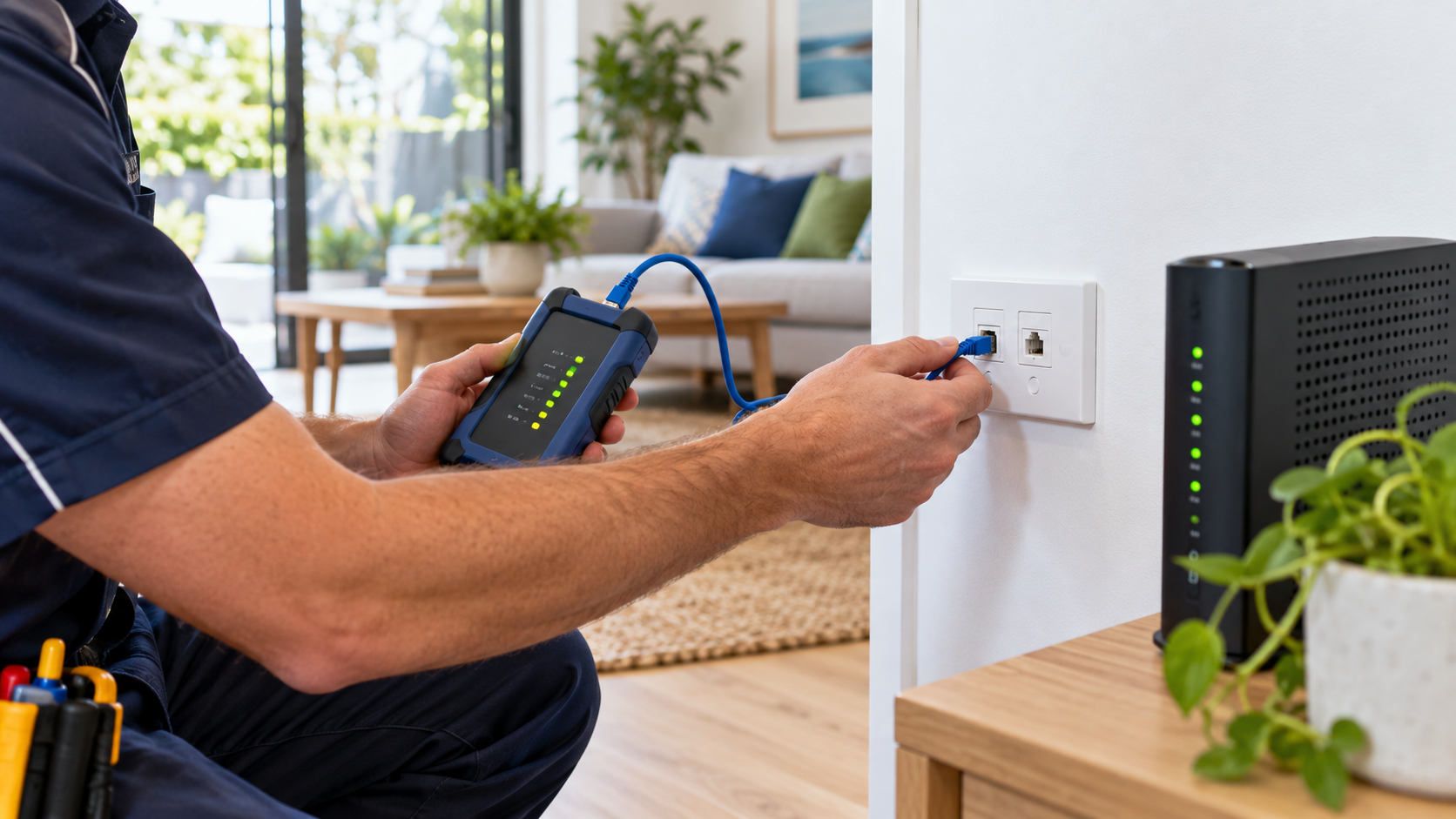 Broadband connection testing at a residential data outlet