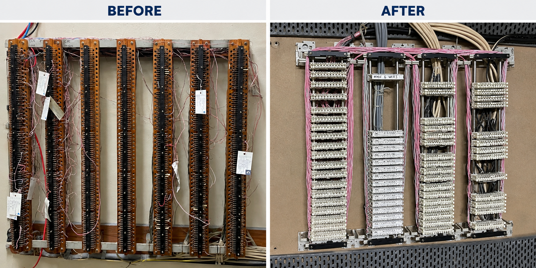 MDF upgrade comparison based on supplied references: old brown terminal strips before and white termination blocks with organised wiring after