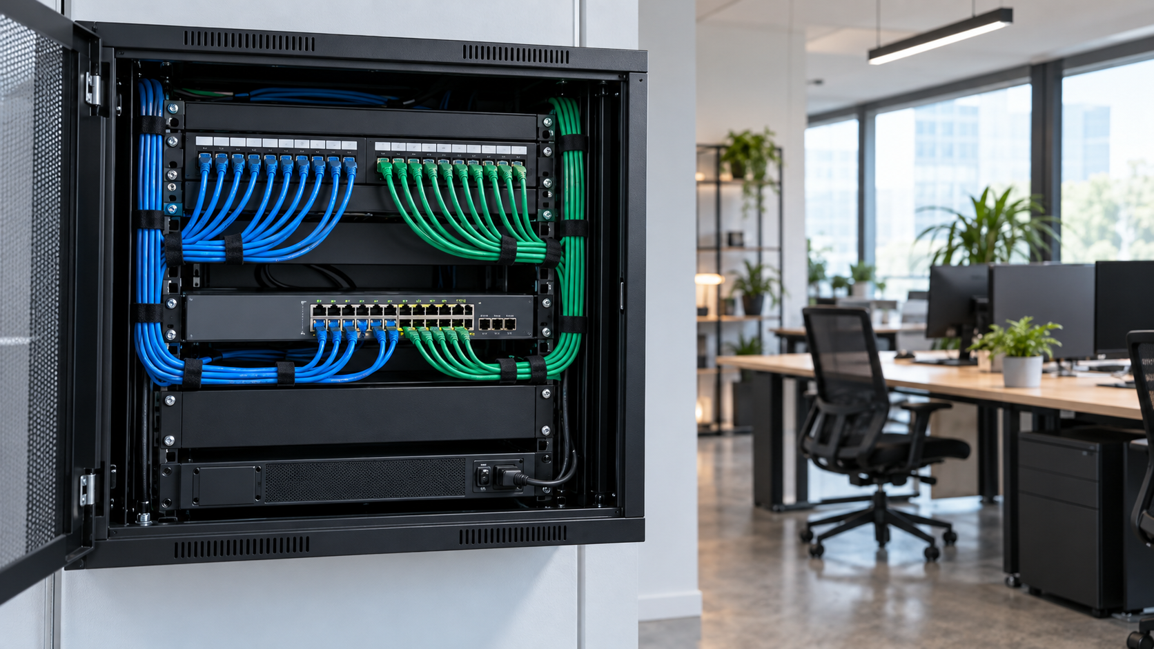 Illustrative organised network cabinet